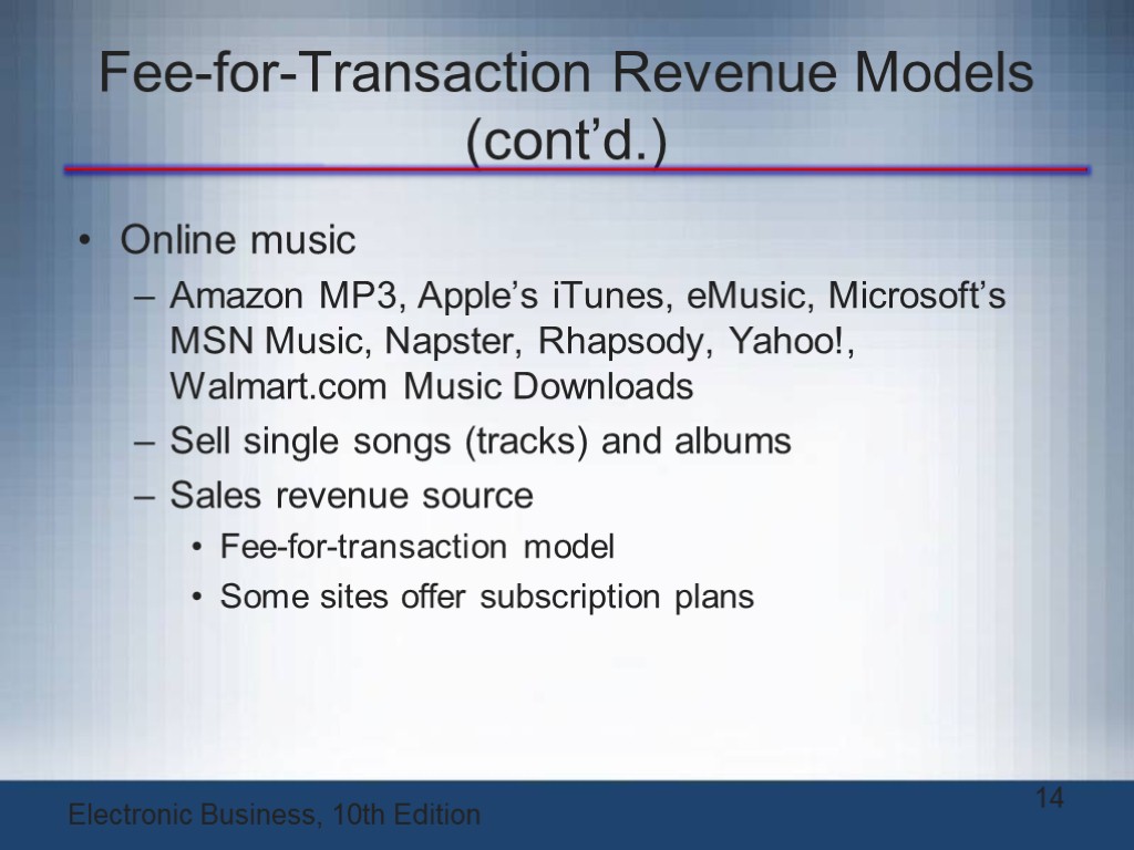 Fee-for-Transaction Revenue Models (cont’d.) Online music Amazon MP3, Apple’s iTunes, eMusic, Microsoft’s MSN Music,